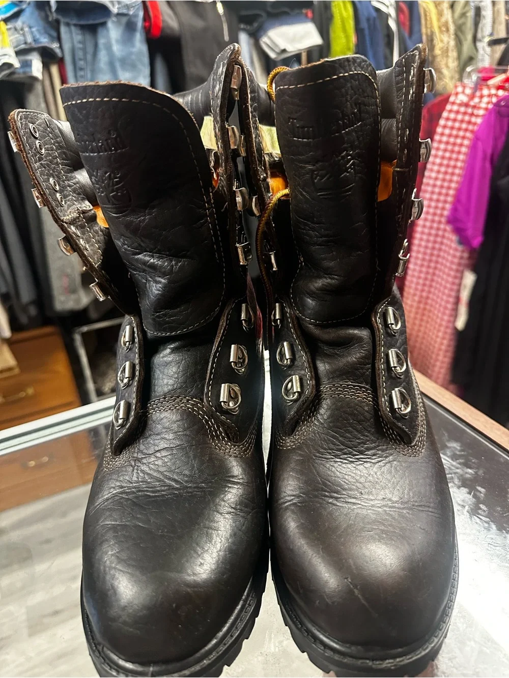 Timberland Black Leather Work Boots 40 below with Yellow-Brown Laces